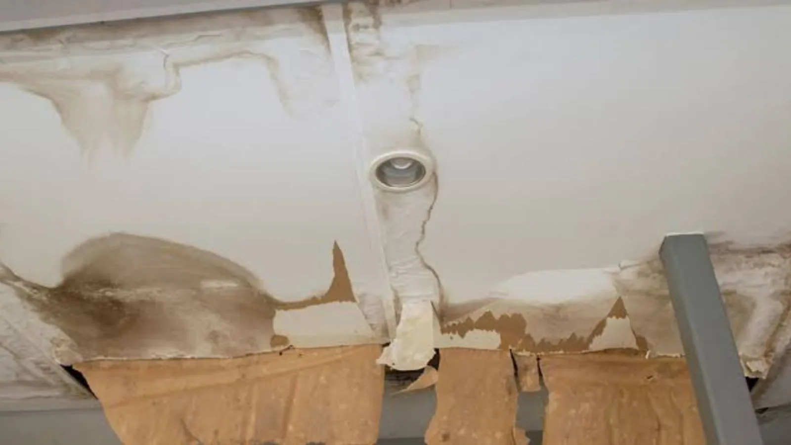 Water-stained ceiling around a light fixture with peeling paper and drywall