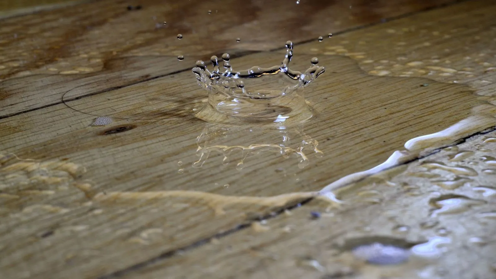 Water droplets on wet hardwood floor planks