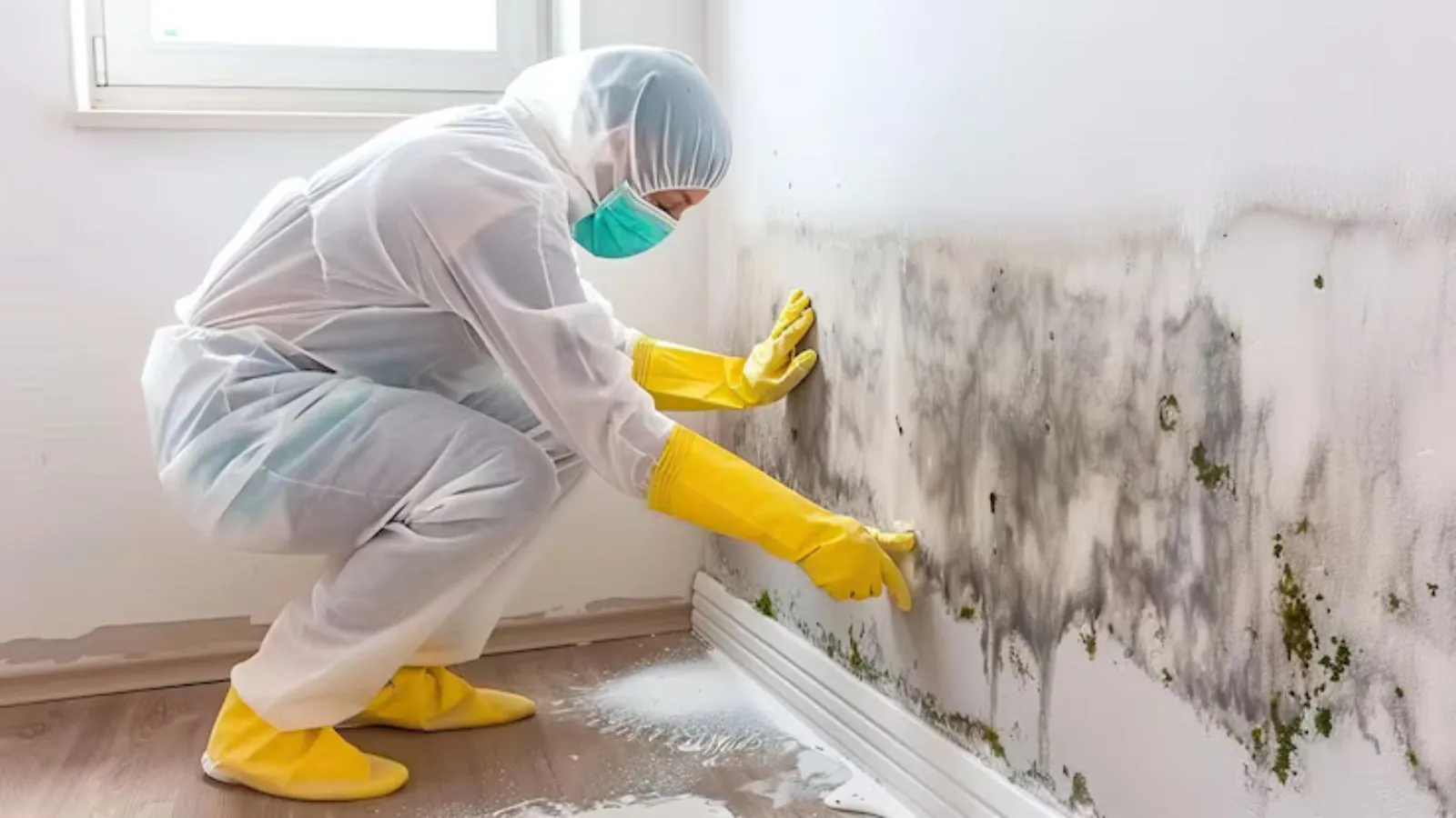Worker in a protective suit and gloves cleaning mold from a wall