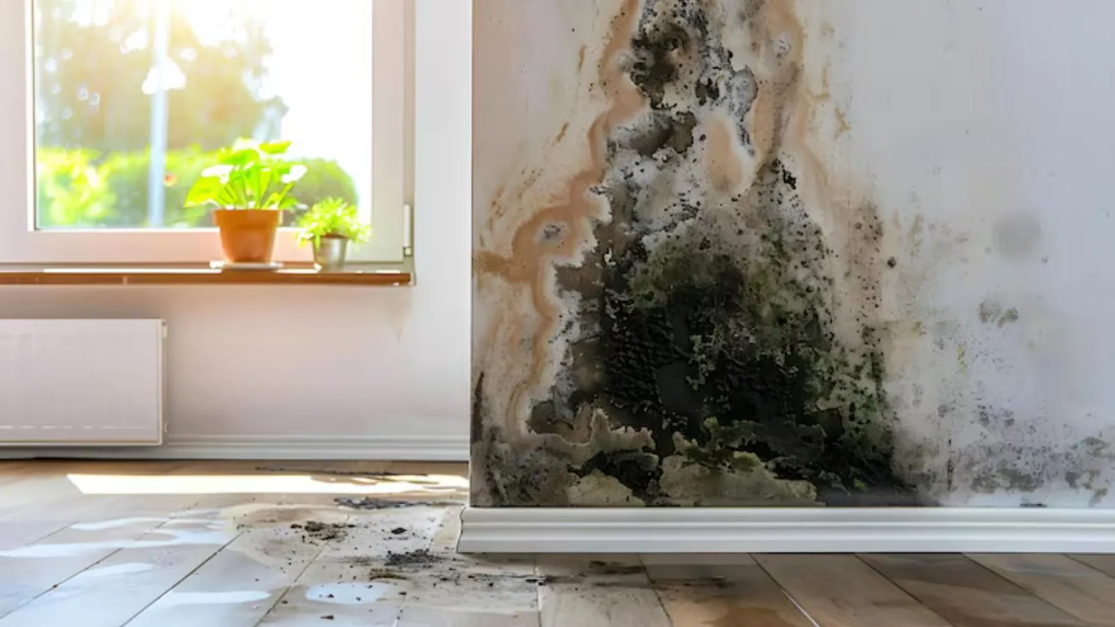 Dark mold growing up a white wall beside a window