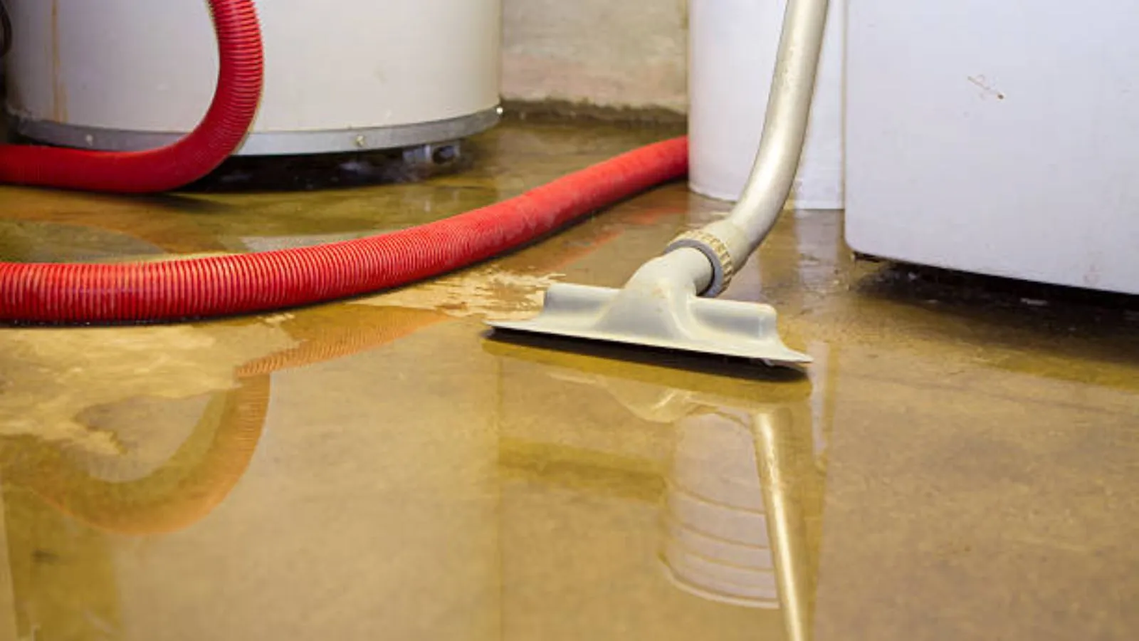 Wet vacuum hose pulling standing water from a flooded basement floor