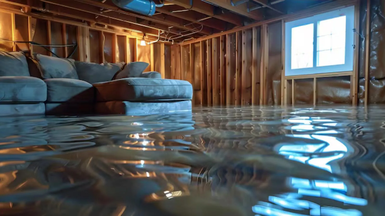 Basement with exposed wall studs and a blue sofa in standing water