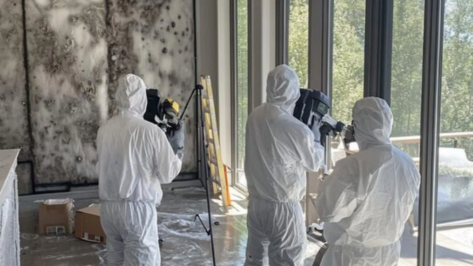 Three people in protective suits inspecting a heavily stained wall