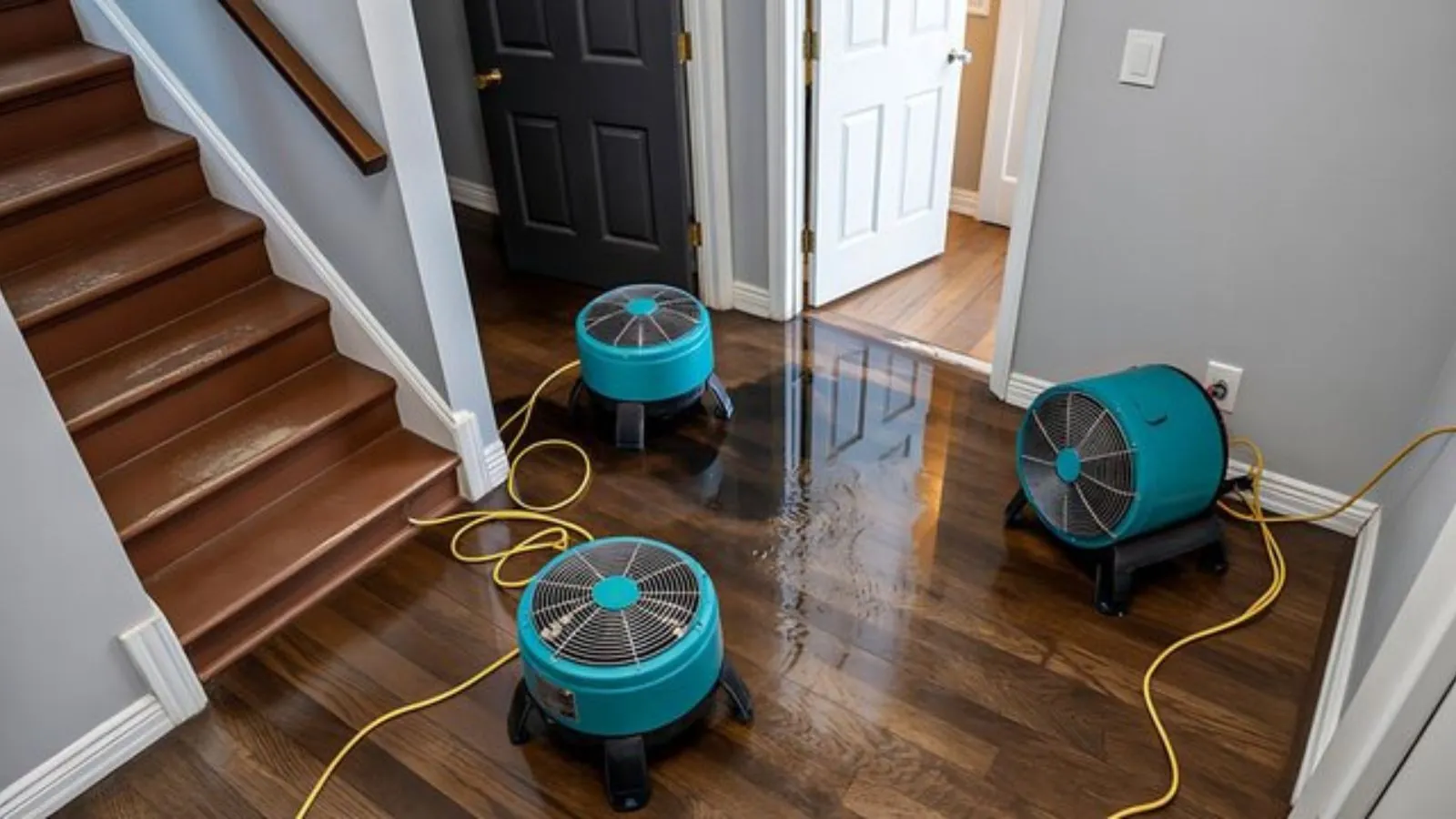 Two teal air movers drying a wet hardwood floor beside a staircase