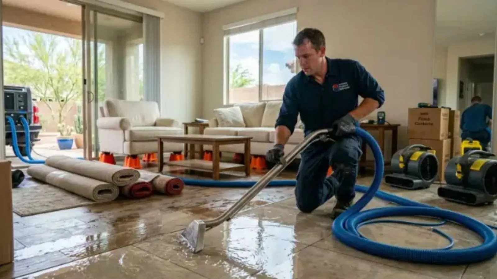 Technician extracting standing water from a living room floor with a wet vacuum